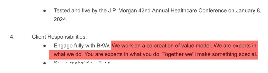 Excerpt from BKW customer contract that includes the line "We work on a co-creation of value model .... Together we'll make something special."